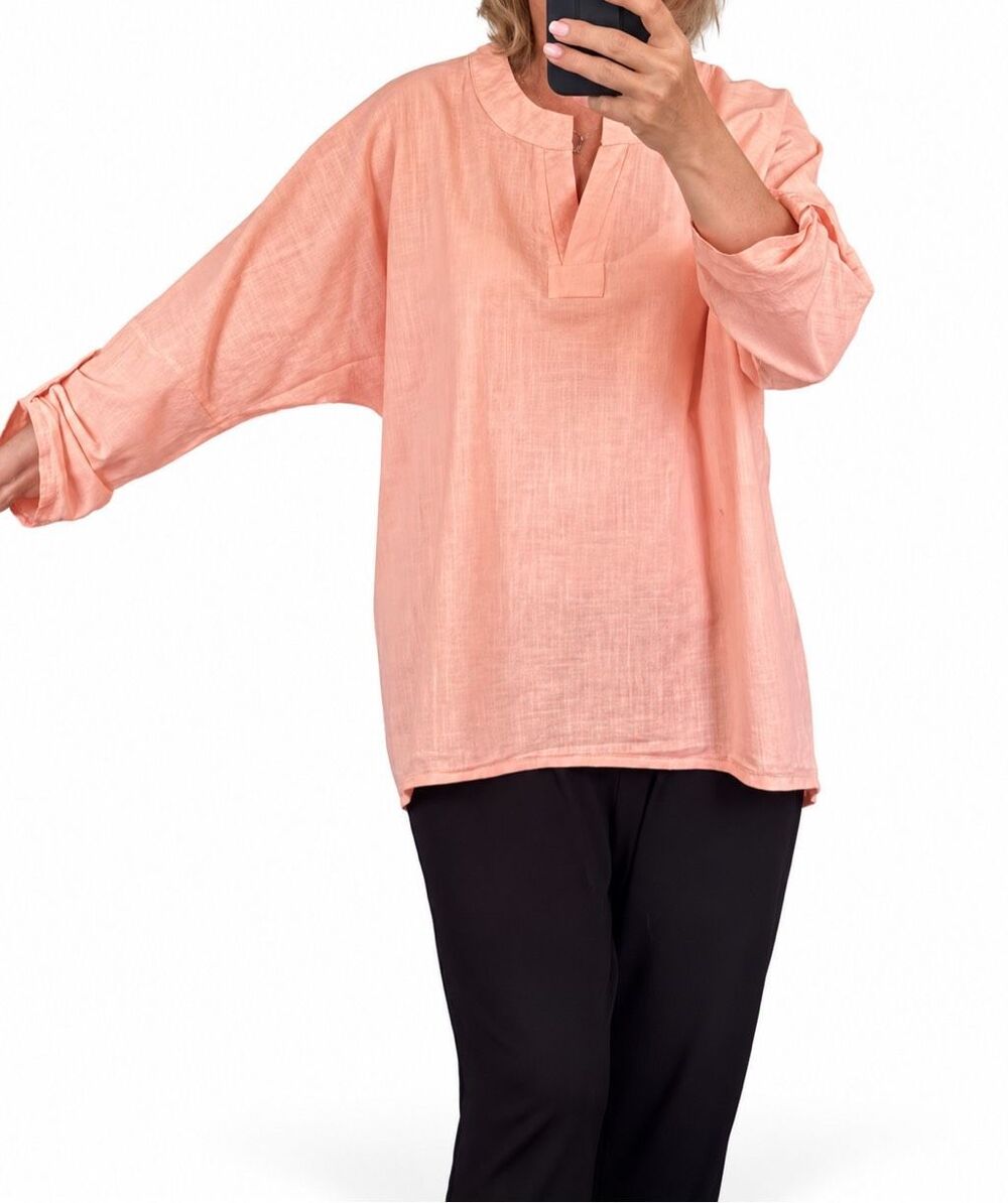 Women’s Coral Peach Oversized Cotton Feel Tunic Shirt Roll Tab Sleeves M-L